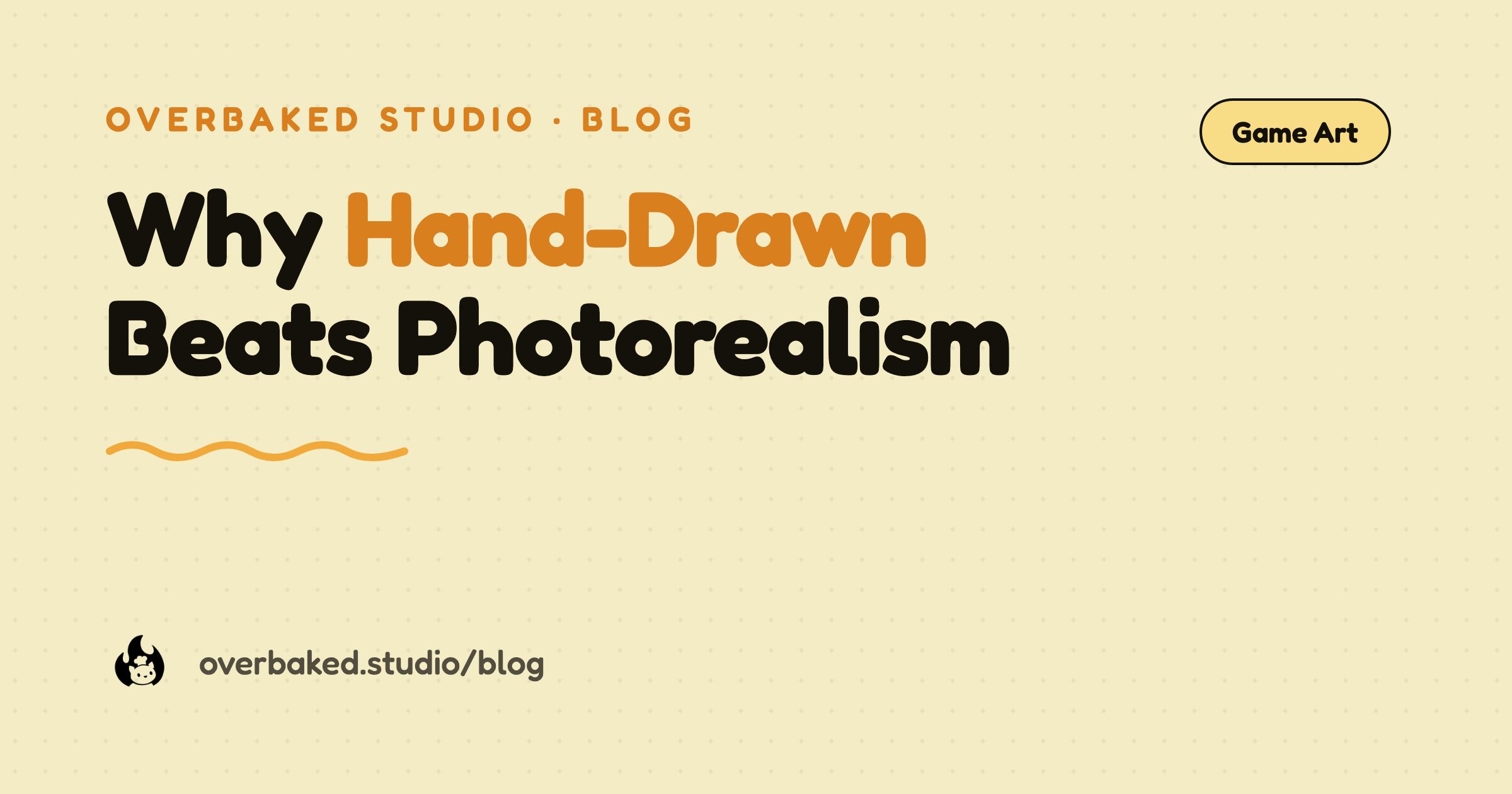 Overbaked Studio blog cover reading Why Hand-Drawn Beats Photorealism on a warm cream background
